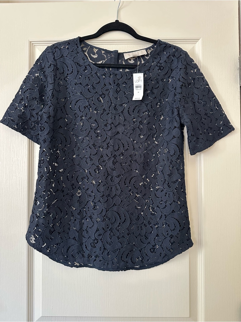 LOFT Navy Scallop Lace Short Sleeve Top